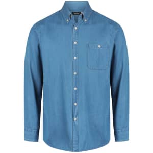 A blue long sleeve button-up shirt with a chest pocket and a collar. It features a logo on the tag.