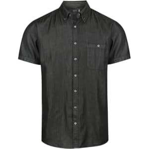 A short sleeve button-up shirt in dark grey, featuring a chest pocket and a collar. It has a logo on the label.