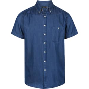 A blue denim short sleeve button-up shirt with a chest pocket and a collar. It features a logo on the tag.