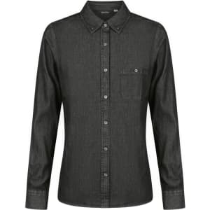 A ladies long sleeve button-up shirt in dark grey with a chest pocket and a branded label.