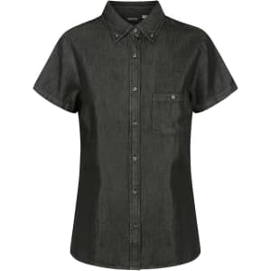 A short-sleeve button-up shirt in a dark green shade with a chest pocket and a logo.