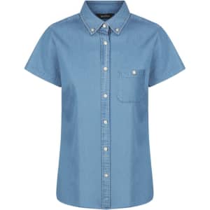 A blue short-sleeve button-up shirt with a pocket on the chest and a collar. Features a logo.
