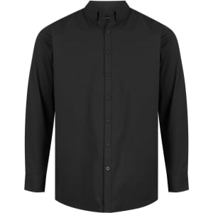 A black long sleeve button-up shirt with a collar and front button closure. Features a logo on the label.