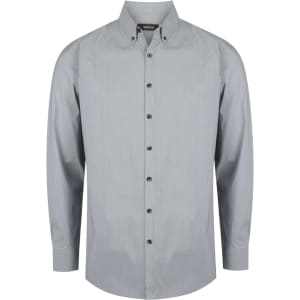 A long sleeve men's shirt in light grey with a button-up front and a collar. It features a logo on the label.