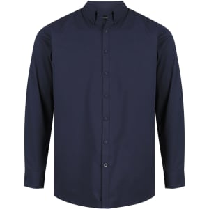 A navy blue men's long sleeve button-up shirt with a classic collar and a logo.