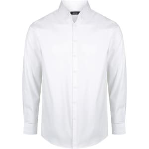 A white long sleeve button-up shirt with a collar and buttons down the front, featuring a logo on the label.
