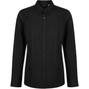 A ladies' long sleeve button-up shirt in black with a classic collar and button closure, featuring a logo.