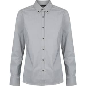 A long sleeve button-up shirt in light grey with a collar and buttons down the front, featuring a brand logo.