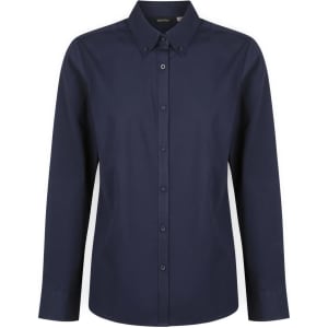 A ladies long sleeve button-up shirt in navy blue, featuring a collar and front buttons. It has a logo on the label.