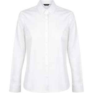A white long sleeve button-up shirt featuring a classic collar and a branding logo.