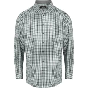 A green and white checkered long sleeve button-up shirt with a collar and logo detail.