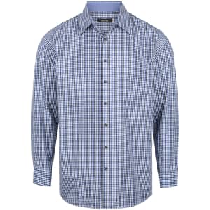 A blue and white check patterned long sleeve button-up shirt with a collar and front buttons.