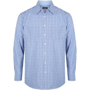 A men's long sleeve button-up shirt in blue and white check pattern, featuring a collar and button closure.