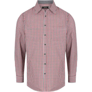 A red and blue checkered button-up shirt featuring long sleeves and a collar, with a logo on the chest.