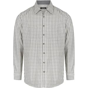 A men's long sleeve button-up shirt in a checked pattern with navy and cream colours. It features a collar and buttons.