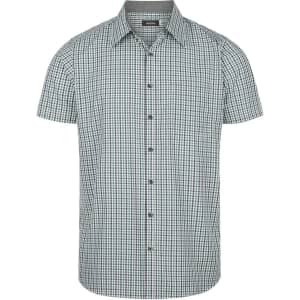A short sleeve button-up shirt in a green and white check pattern with a collar and a logo.