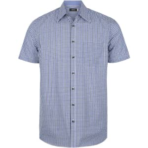 A short sleeve button-up shirt in blue and white check pattern, featuring a pocket and a logo.