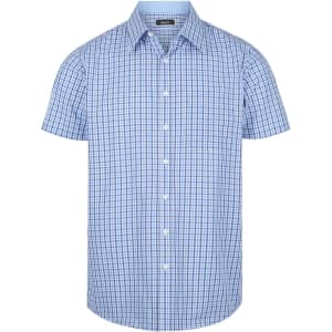 A blue and white checked short sleeve button-up shirt featuring a pocket and a logo on the chest.