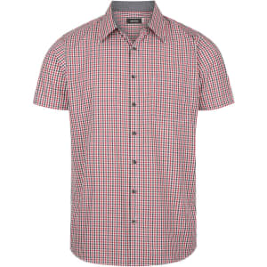 Short sleeve button-up shirt featuring a red and black check pattern. The shirt has a collar and front buttons.