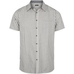 A short sleeve button-up shirt in a light checked pattern with navy accents. It features a logo on the label.