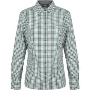 A green and white check pattern ladies long sleeve button-up shirt with a collar, featuring buttons down the front.