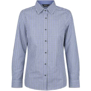 A blue and white checkered ladies long sleeve button-up shirt with a collar and button-down front.