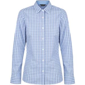 A blue and white checkered long sleeve button-up shirt for ladies, featuring a collar and a logo.
