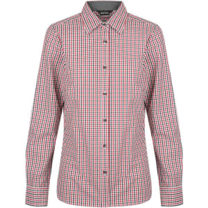 A button-up shirt featuring a red, white, and blue checked pattern with long sleeves and a collared neckline.