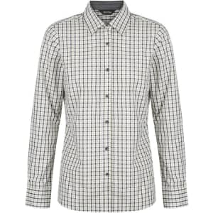A ladies long sleeve shirt in a checkered pattern featuring a button-up front and collar, primarily in cream and navy.