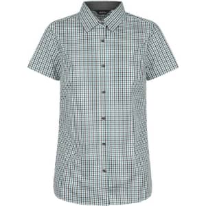 A button-up shirt featuring a green and black checkered pattern with short sleeves and a collar. It has a logo.