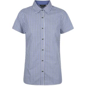 A blue and white checkered short sleeve button-up shirt with a collar and a logo.