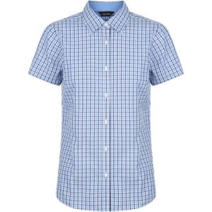 A blue and white checked short sleeve button-up shirt with a collar and front buttons. Features a logo on the label.