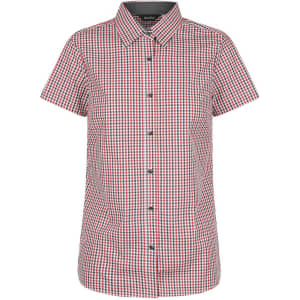 A short sleeve button-up shirt featuring a red and black check pattern with a collar and buttons down the front.