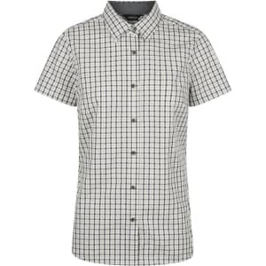 A ladies short sleeve button-up shirt featuring a check pattern in navy and white. It has a collar and front buttons.