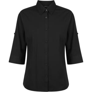 A black ladies' 3/4 sleeve button-up shirt with a collared neckline and roll-up cuff details.