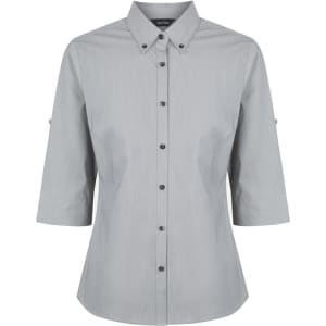 A light grey ladies' 3/4 sleeve button-up shirt with a collar and logo detailing.