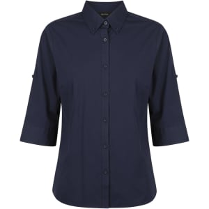 A button-up shirt in navy blue with 3/4 sleeves and a collar, featuring a logo.