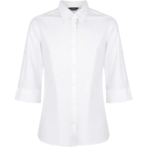 A white ladies' button-up shirt with 3/4 sleeves, featuring a collar and a logo.