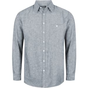 A grey button-up long sleeve shirt featuring a chest pocket and a collar, with a logo on the label.