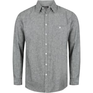 A men's long sleeve button-up shirt in grey with a single chest pocket and a logo on the label.