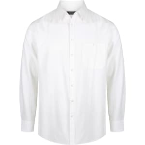 A white long sleeve button-up shirt featuring a chest pocket and a logo.