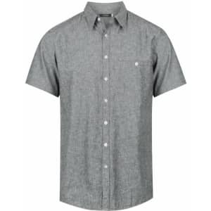 A short sleeve, button-up shirt in a grey, textured fabric with a chest pocket and a logo.