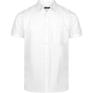 A white short sleeve button-up shirt with a chest pocket and a logo on the chest.