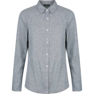 A grey long sleeve button-up shirt with a collared neckline and a single logo.