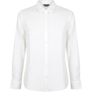 A white ladies long sleeve button-up shirt featuring a collar and a logo on the label.