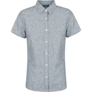 A short sleeve shirt in a grey fabric, featuring a button-up front and a collar, with a branding logo.