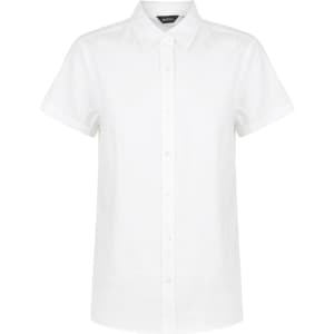 A white short sleeve shirt with a collar, featuring a front button placket and a logo on the label.