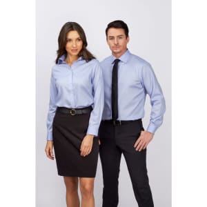 A men's long sleeve button-up shirt in light blue, displayed alongside a model wearing a matching shirt.