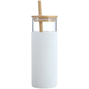 A drink bottle featuring a clear glass body with a white silicone sleeve and a bamboo lid with a straw.