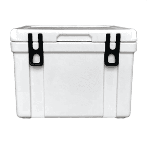 A white cooler box with black latches, featuring a sturdy design and a secure lid. It has a simple, functional style.